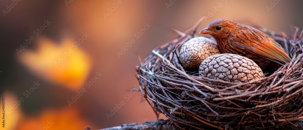 A bird perches above its nest, holding three small, round pinecones Background softly blurred A bird perches above its nest, holding three small, round pinecones Background softly blurred