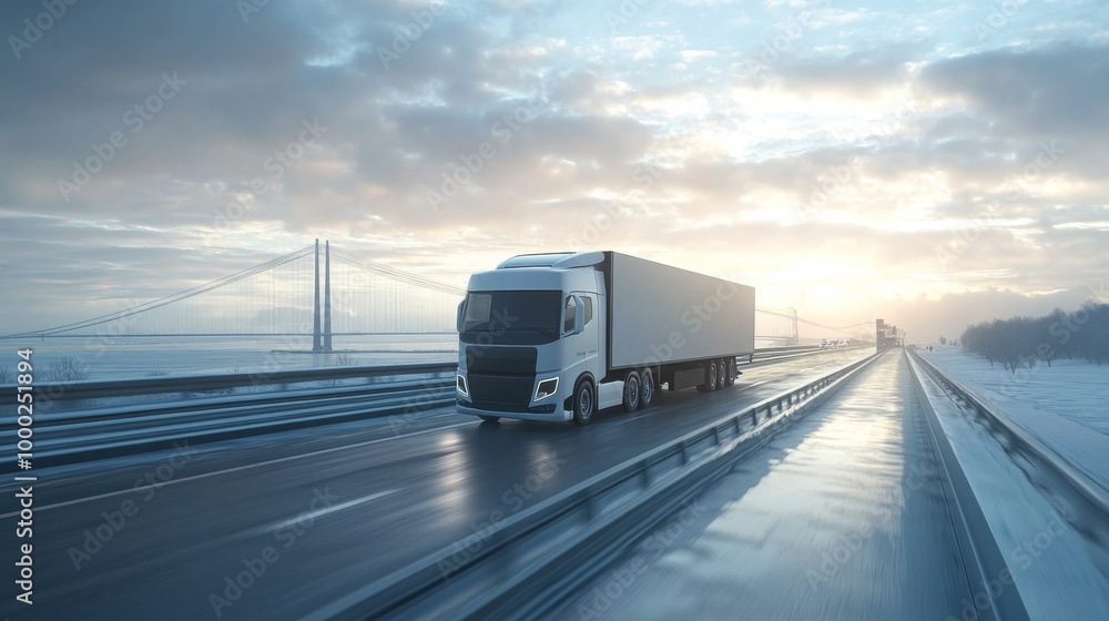 Modern Truck on Highway at Sunrise Modern Truck on Highway at Sunrise