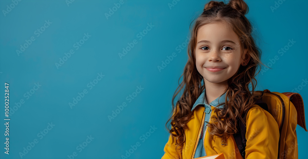 A young girl with long hair is smiling and wearing a yellow jacket and backpack A young girl with long hair is smiling and wearing a yellow jacket and backpack
