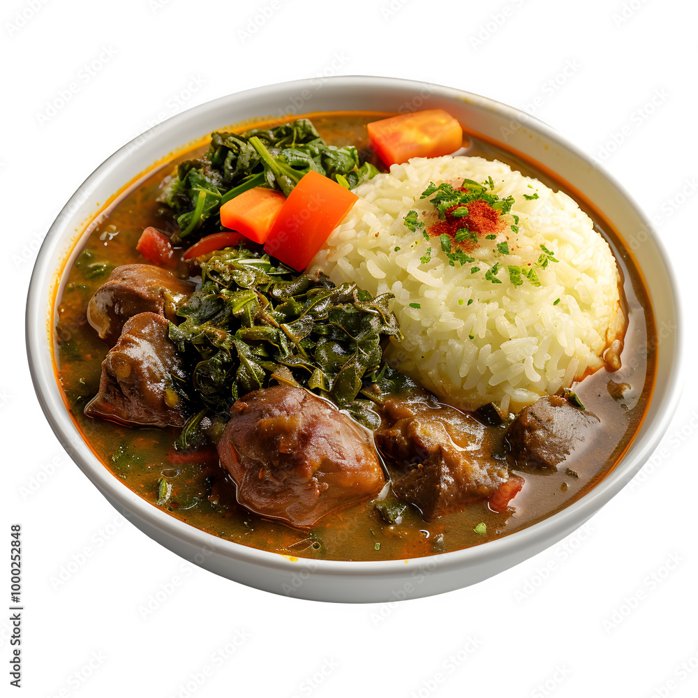 Hearty bowl of stew with tender meat, rice, and vibrant vegetables, perfect for a comforting meal Hearty bowl of stew with tender meat, rice, and vibrant vegetables, perfect for a comforting meal