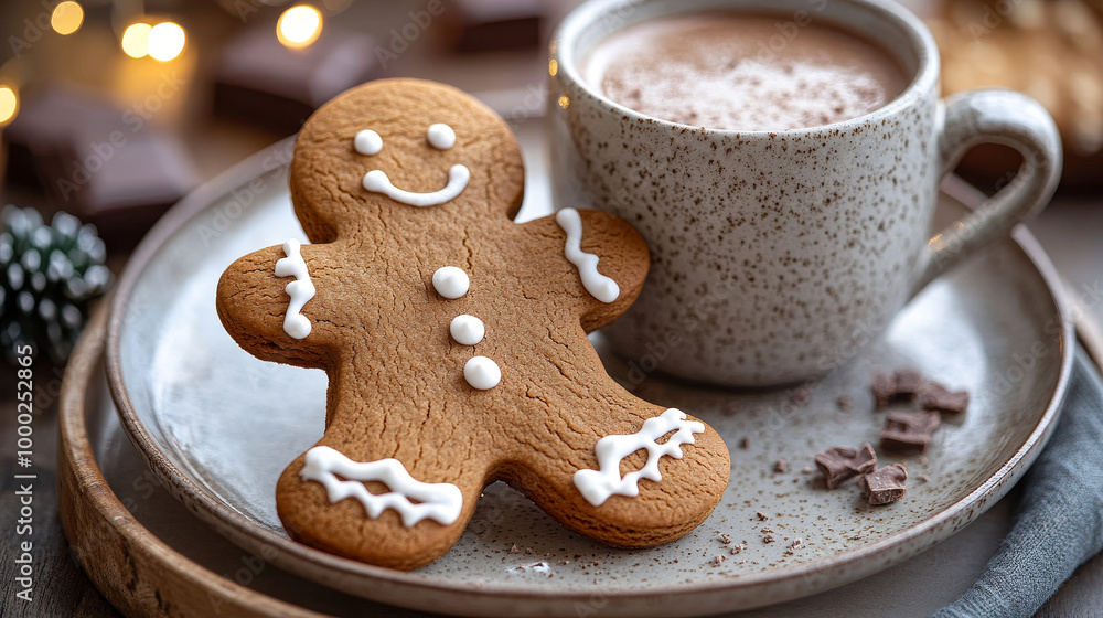 Fototapeta premium Hot cocoa and gingerbread on a cozy winter table