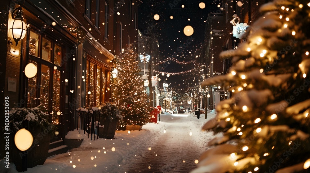Snowy Christmas street at night with decorated trees and glowing holiday lights. Snowy Christmas street at night with decorated trees and glowing holiday lights.