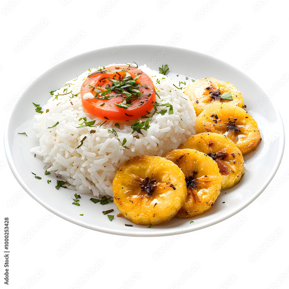 Dish of delicious white rice, topped with a tomato slice and accompanied by tasty grilled plantains, sprinkled with herbs Dish of delicious white rice, topped with a tomato slice and accompanied by tasty grilled plantains, sprinkled with herbs