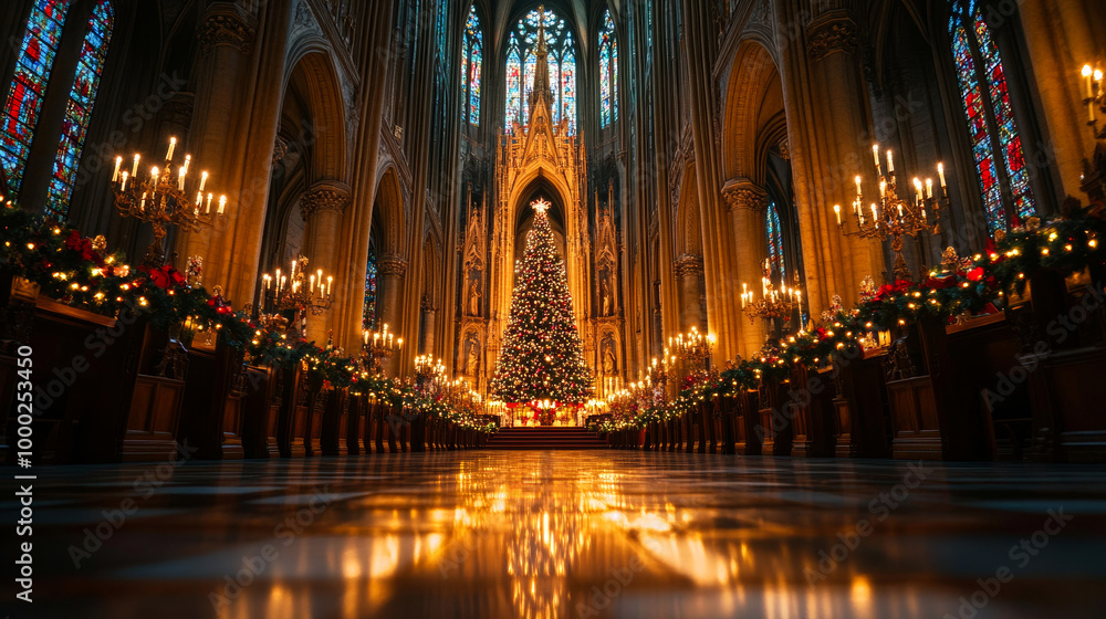 Lit Christmas tree in grand cathedral Lit Christmas tree in grand cathedral