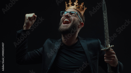 A businessman wearing a crown, holding a sword and shield, acting fierce, solemn, and brave like a warrior going to war. The idea is to dedicate oneself to overcome obstacles for success in business.