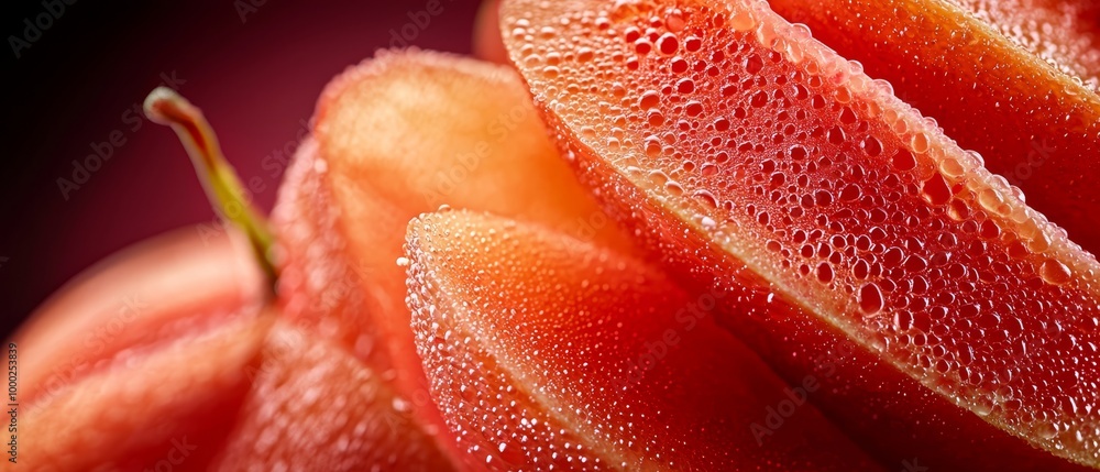 A tight shot of an assortment of fruits with water droplets atop and beneath each piece A tight shot of an assortment of fruits with water droplets atop and beneath each piece