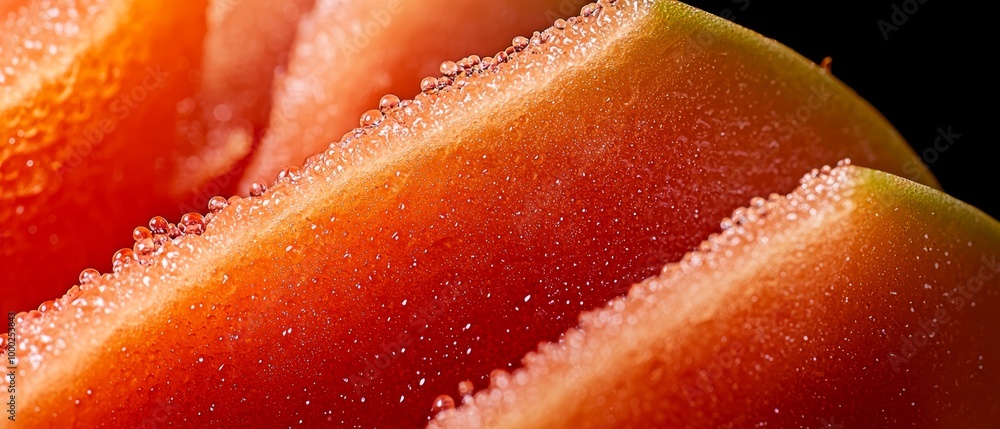 A tight shot of a watermelon slice, adorned with droplets at its upper and lower edges A tight shot of a watermelon slice, adorned with droplets at its upper and lower edges