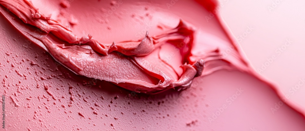 A tight shot of a pink substance on a pink background, adorned with water droplets atop A tight shot of a pink substance on a pink background, adorned with water droplets atop