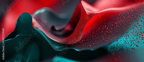  A tight shot of a red rose with dewdrops on its green-red petals photo