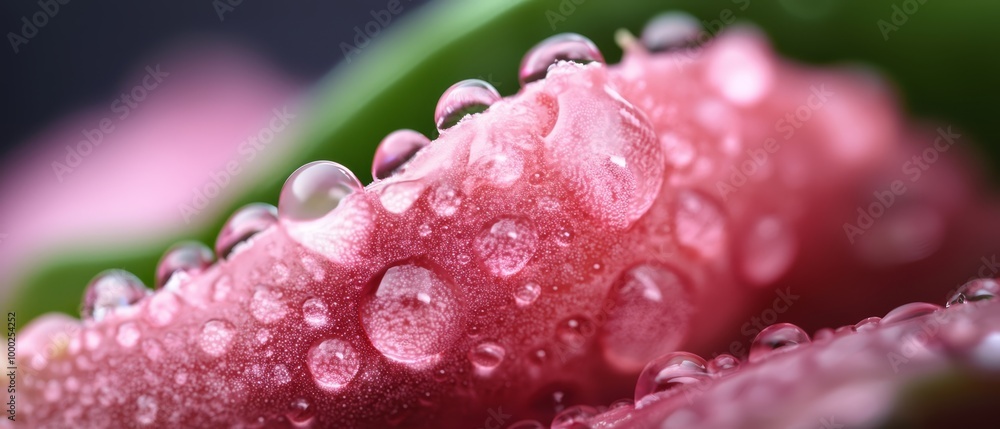 A tight shot of a pink bloom, adorned with pearls of water on its petals A verdant leaf lies behind A tight shot of a pink bloom, adorned with pearls of water on its petals A verdant leaf lies behind