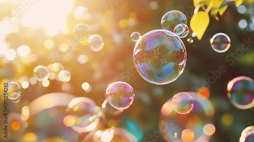 A real-life, ultra-close-up photograph of children blowing bubbles in a sunlit garden, with each bubble reflecting vibrant colors from the surrounding environment.