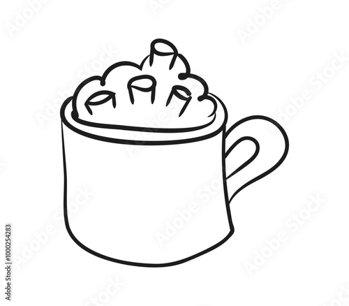 Outline mug of Cocoa with whipped Cream and Marshmallow. Winter autumn cozy Drink in metal Cup. Contour image of hot Chocolate. Hand drawn Doodle. Isolated on white background. Vector illustration.