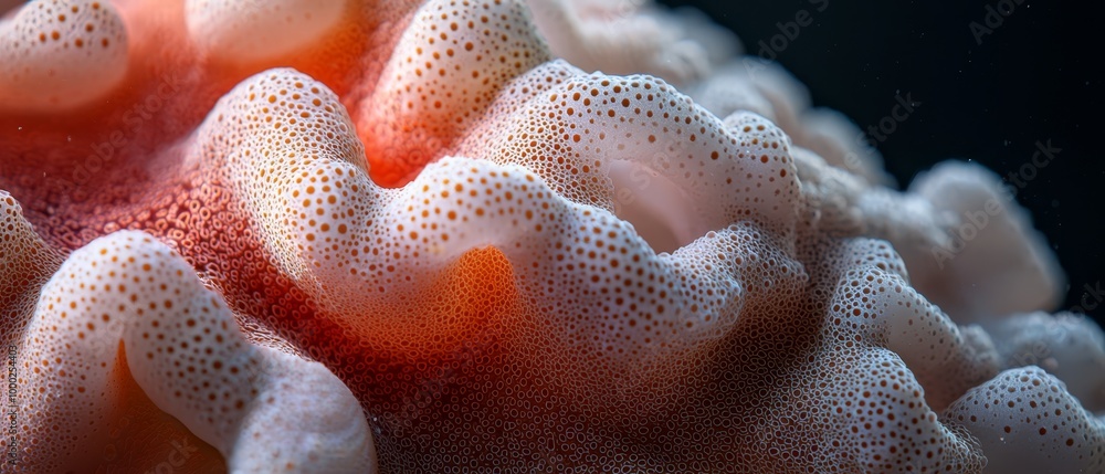 A tight shot of an orange-white sea anemone featuring white specks on its outer rim A tight shot of an orange-white sea anemone featuring white specks on its outer rim