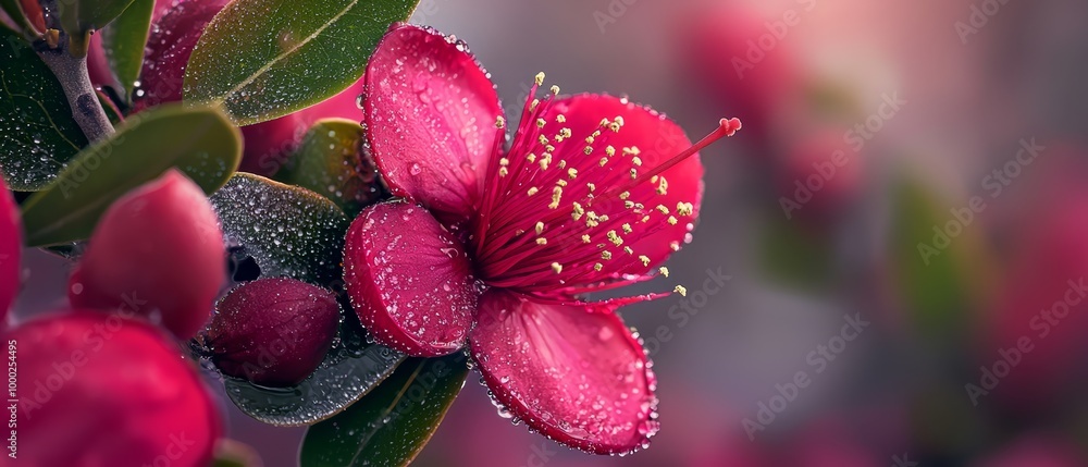 close-up of florets dotted with water, verdant leaves of tree visible in backdrop (4 close-up of florets dotted with water, verdant leaves of tree visible in backdrop (4