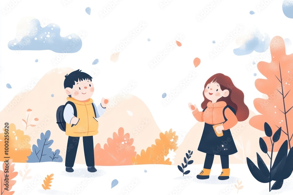 Fototapeta premium Two Children in Winter Clothing Walking Through a Snowy Landscape