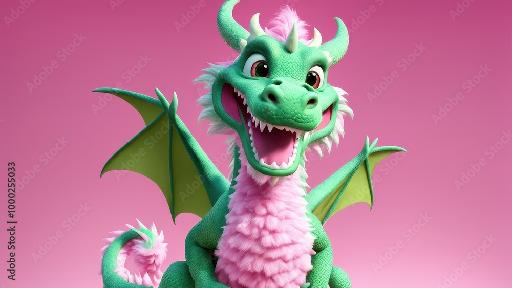 Fototapeta premium A cheerful green dragon character with large wings and a playful expression against a pink background.