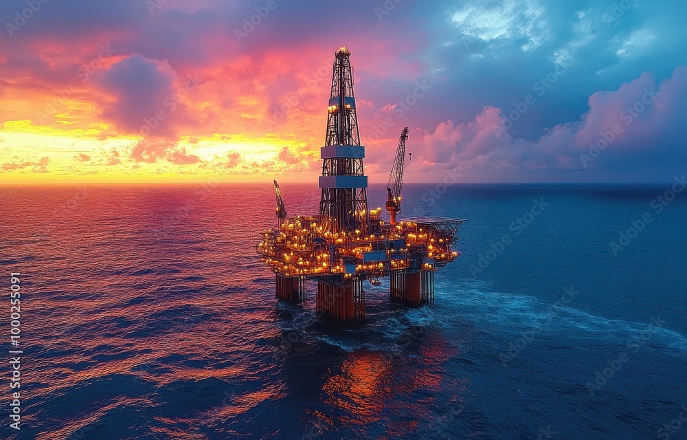 A stunning oil and gas rig at dusk, illuminated by vibrant lights against a dramatic sky over the sea A stunning oil and gas rig at dusk, illuminated by vibrant lights against a dramatic sky over the sea