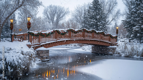 Festive bridge draped in snow photo