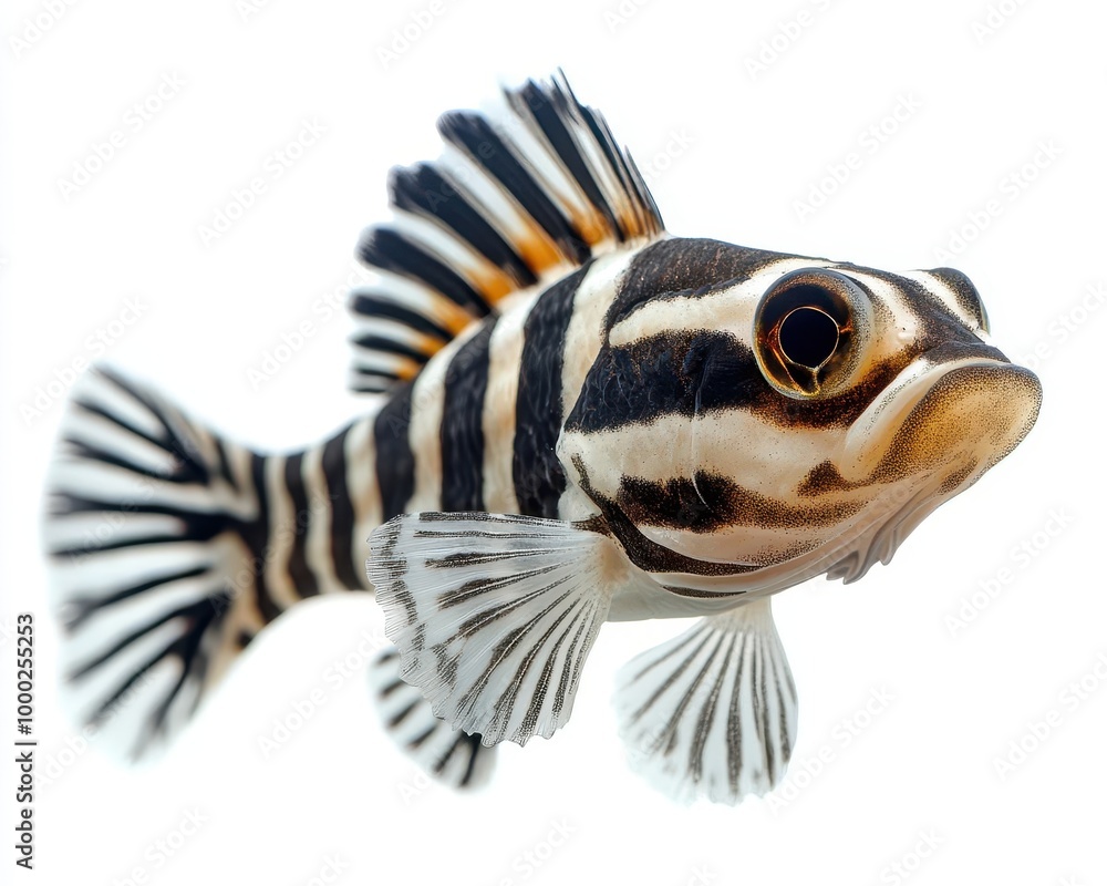 Zebra pleco fish with black and white stripes, isolated on
