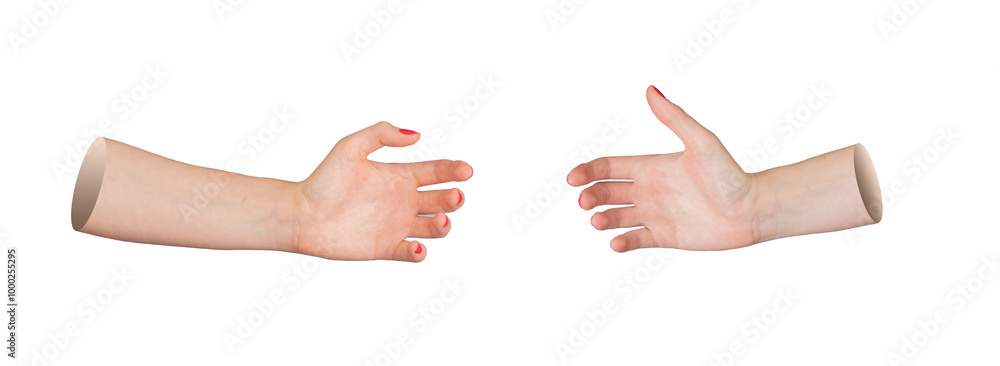 hand reaching out to grab or hold something, isolated on white background. Open palm and fingers, ready to catch or pick an object. Elegant grip gesture from side view hand reaching out to grab or hold something, isolated on white background. Open palm and fingers, ready to catch or pick an object. Elegant grip gesture from side view