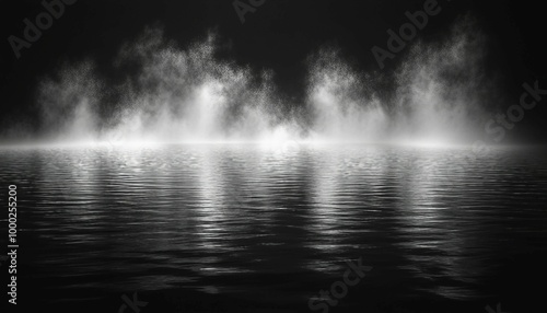 Water surface with magic neon glow from inside and smoke on top. Mystery dark background with spooky white light from underwater and fog, atmospheric scene of low-lying mist or smoke hovering