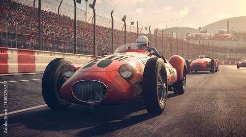 Vintage racing car on the track. Retro auto sport event, with fast classic cars