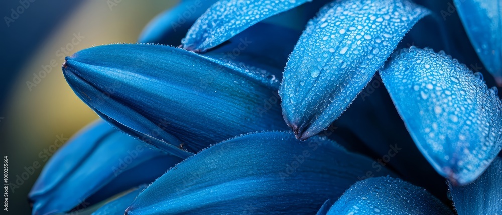 A blue flower in focus with dewdrops on its petals against a softly blurred background A blue flower in focus with dewdrops on its petals against a softly blurred background