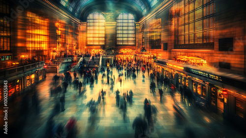 A vivid, film-style photograph of a bustling train terminal, captured in rich detail with soft lighting, the movement of passengers and the architecture blending into a dynamic and nostalgic scene. photo