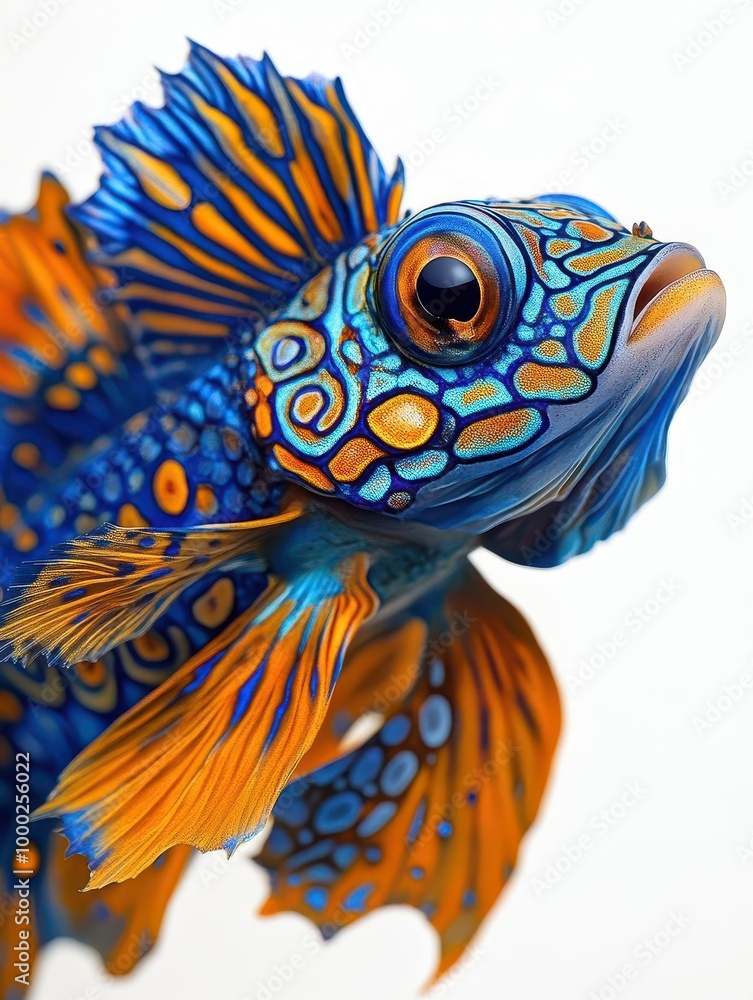 Fototapeta premium A beautiful mandarin fish displaying intricate blue and orange patterns, isolated against a white background - a stunning tropical saltwater species.