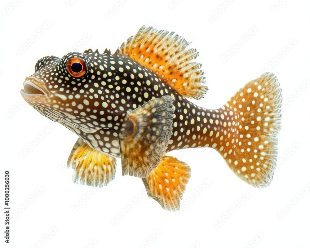 Fototapeta premium Spotted pufferfish, body puffed up, displaying intricate patterns, set against white backdrop, saltwater creature, tropical marine fish.