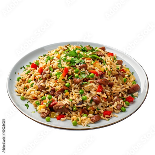 Delicious dish of beef fried rice with a mix of vibrant veggies and herbs, served on a clean white plate