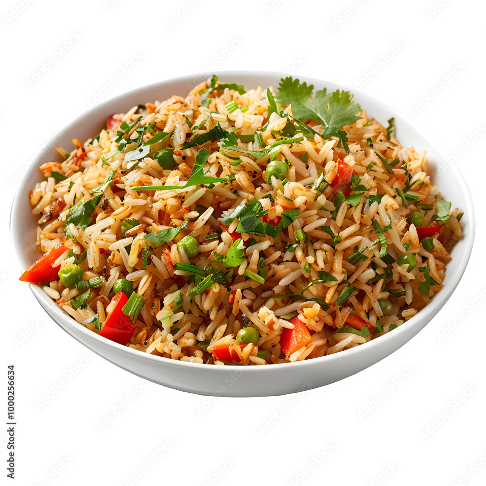 Delicious bowl of zesty fried rice topped with crisp veggies and fragrant herbs, ideal for a tasty and lively dish Delicious bowl of zesty fried rice topped with crisp veggies and fragrant herbs, ideal for a tasty and lively dish