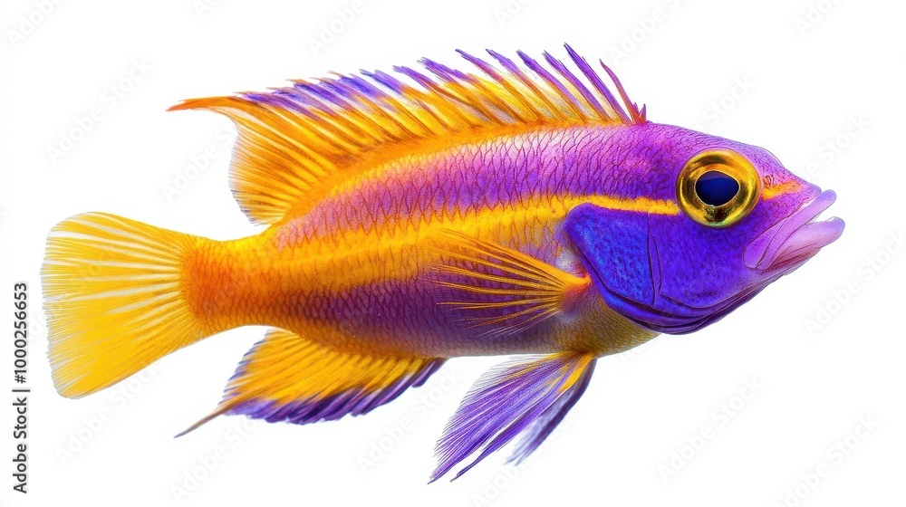 Fototapeta premium Royal gramma fish with purple and yellow coloration, isolated on white background, coral reef species, vibrant marine life
