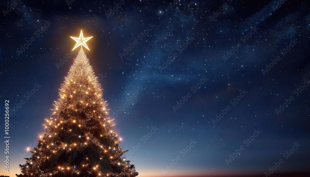 A Christmas tree shines under starry sky. A Christmas tree shines under starry sky.