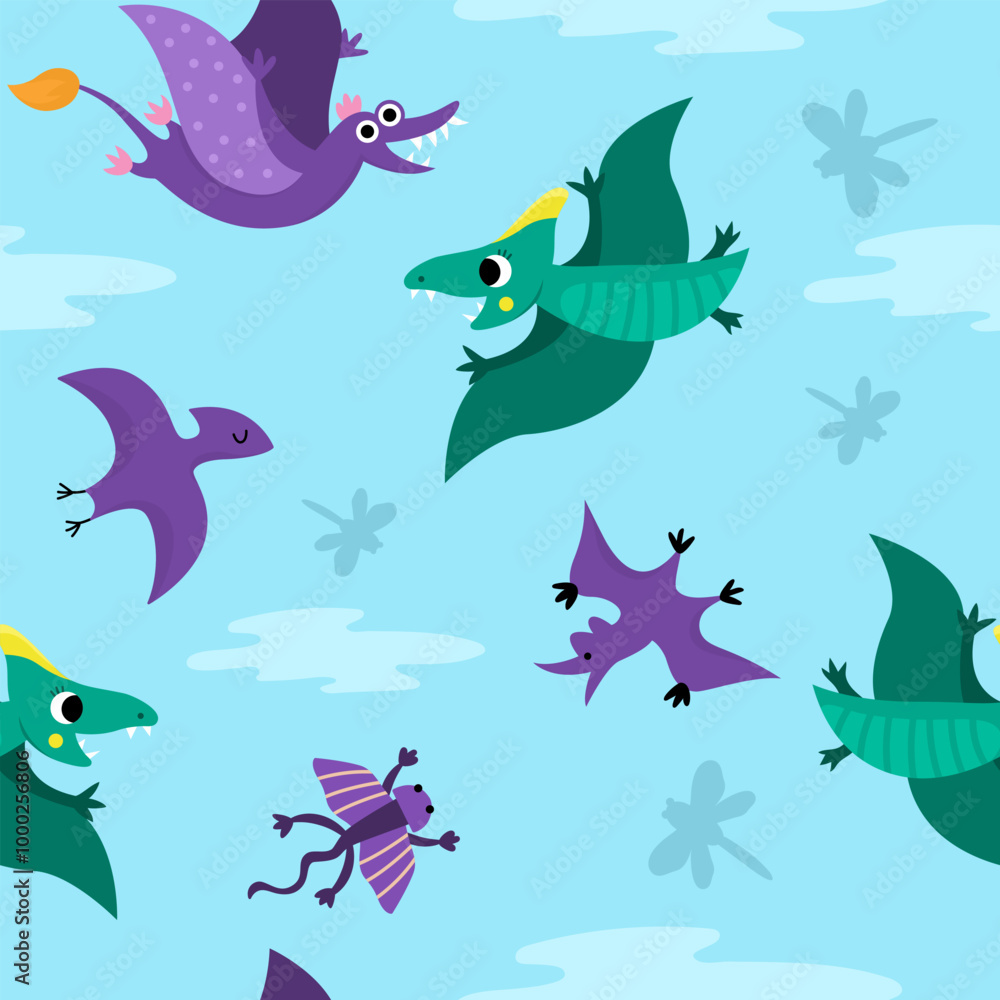 Vector flying dinosaur seamless pattern with pterosaurs. Cute prehistoric animal repeat background. Dino digital paper with Pterodactyl, clouds, sky for kids Vector flying dinosaur seamless pattern with pterosaurs. Cute prehistoric animal repeat background. Dino digital paper with Pterodactyl, clouds, sky for kids