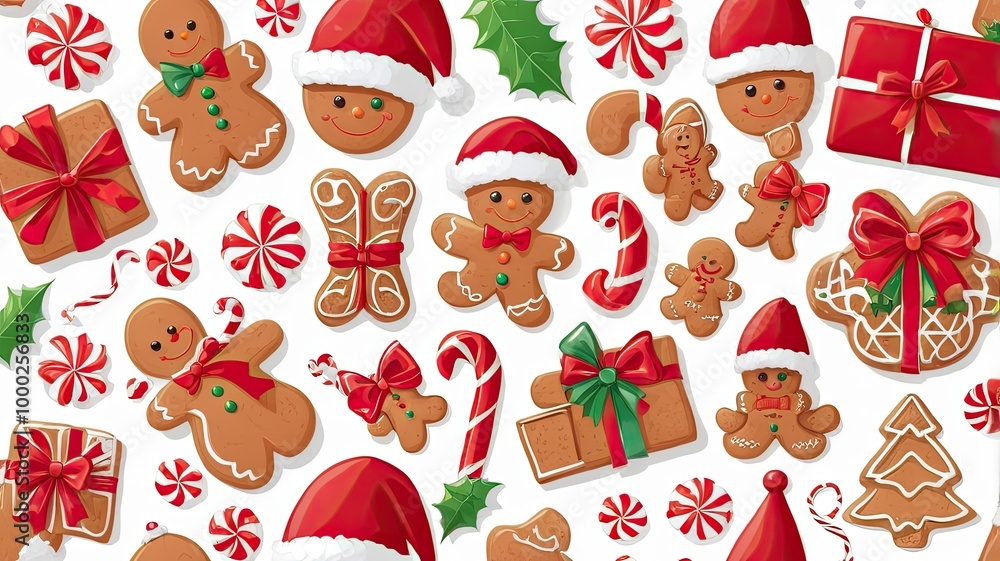 Fototapeta premium simple pattren santa hat and gingerbread white background