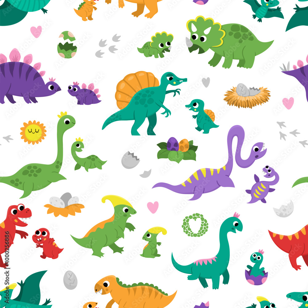 Vector dinosaur moms and babies seamless pattern. Cute prehistoric animal repeat background. Dino mother and child digital paper. Parents and kids dino with eggs, nest. Cute mother day texture Vector dinosaur moms and babies seamless pattern. Cute prehistoric animal repeat background. Dino mother and child digital paper. Parents and kids dino with eggs, nest. Cute mother day texture