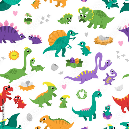 Vector dinosaur moms and babies seamless pattern. Cute prehistoric animal repeat background. Dino mother and child digital paper. Parents and kids dino with eggs, nest. Cute mother day texture