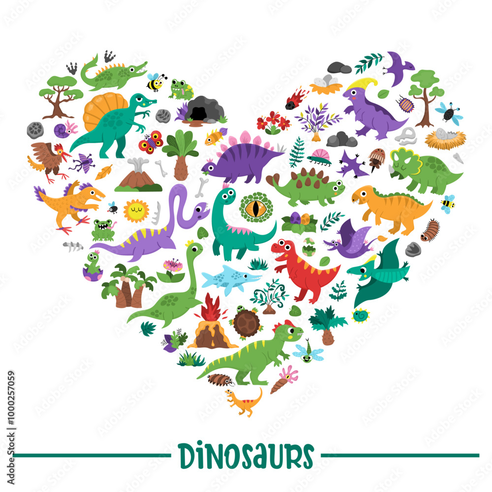 Fototapeta premium Vector dinosaur heart shaped frame with Pterodactyl, Stegosaurus, Tyrannosaurus, Triceratops, T-Rex. Prehistoric animal card template design for banner, invitation. Dino party elements for kids