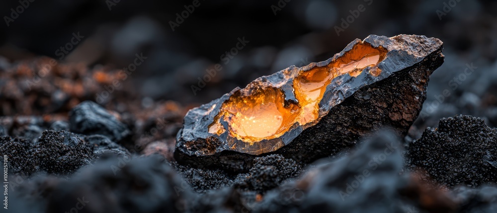 A metal object atop a mound of black stones, illuminated by a central yellow light A metal object atop a mound of black stones, illuminated by a central yellow light