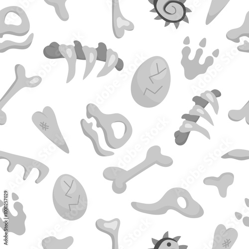 Vector dinosaur bones, skeletons and skulls seamless pattern. Cute prehistoric animal fossil repeat background. Dino burial and tombs digital paper. Archaeologists or paleontologist texture