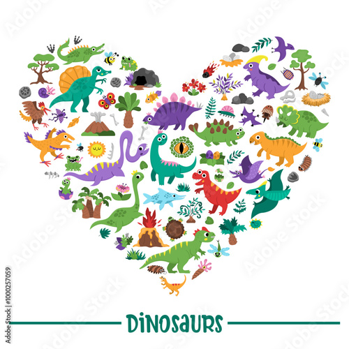 Vector dinosaur heart shaped frame with Pterodactyl, Stegosaurus, Tyrannosaurus, Triceratops, T-Rex. Prehistoric animal card template design for banner, invitation. Dino party elements for kids