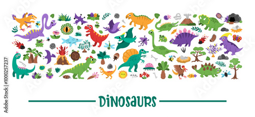 Vector dinosaur horizontal set with Pterodactyl, Stegosaurus, Tyrannosaurus, Triceratops, T-Rex. Prehistoric animal card template or frame design for banner, invitation. Dino party elements