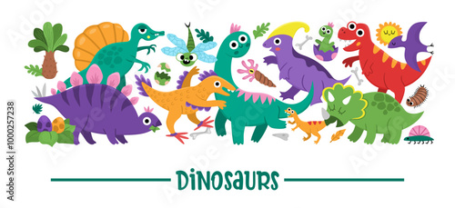 Vector horizontal dinosaur border set. Prehistoric card template design with dino characters. Cute ancient animals border with Stegosaurus, Tyrannosaurus, Triceratops, T-Rex, egg, nest