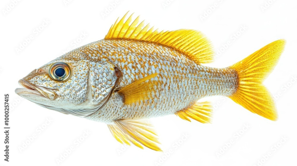 A popular catch for fishing, the deep-sea species of golden snapper fish with shiny scales is isolated on a white background. A popular catch for fishing, the deep-sea species of golden snapper fish with shiny scales is isolated on a white background.