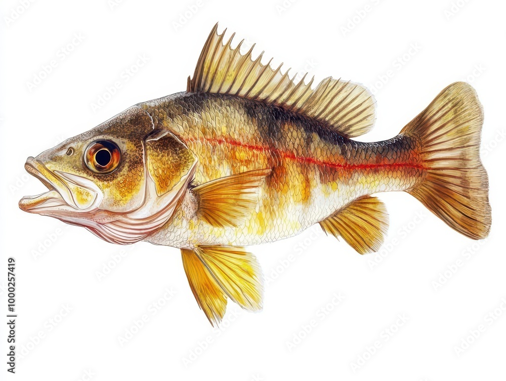 Golden perch, detailed scales and fins, isolated on white background, freshwater fish species, often caught by fishers. Golden perch, detailed scales and fins, isolated on white background, freshwater fish species, often caught by fishers.