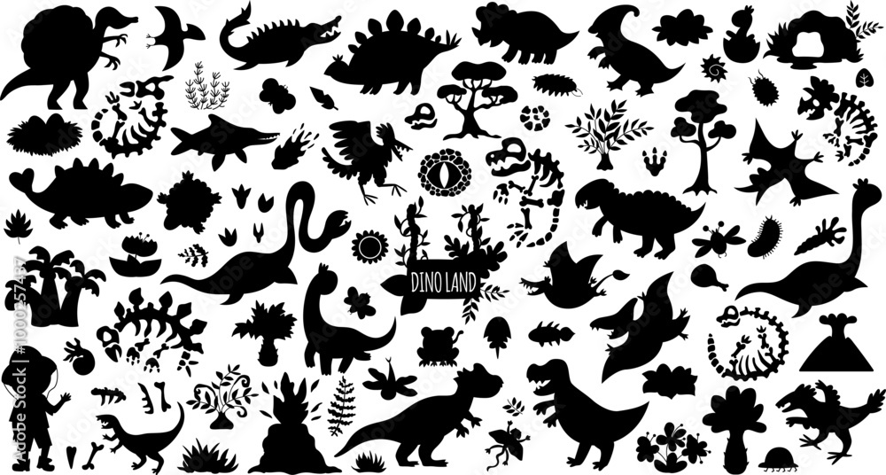 Vector dinosaur silhouettes set. Cute prehistoric animal icons collection. Dino black shadow illustrations with Pterodactyl, Stegosaurus, Tyrannosaurus, Triceratops, T-Rex, paleontologist for kids Vector dinosaur silhouettes set. Cute prehistoric animal icons collection. Dino black shadow illustrations with Pterodactyl, Stegosaurus, Tyrannosaurus, Triceratops, T-Rex, paleontologist for kids