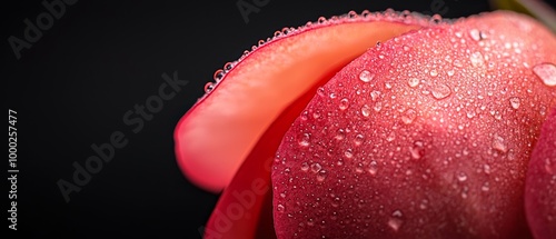  A red flower's close-up, wet with dewdrops on petals against a black background