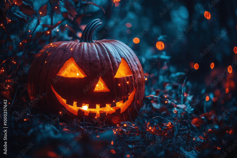Carved Jack-o'-lantern pumpkin glowing with orange lights in a dark forest with bokeh background Carved Jack-o'-lantern pumpkin glowing with orange lights in a dark forest with bokeh background