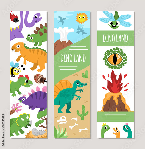 Cute dinosaur bookmarks set with Pterodactyl, Stegosaurus, Tyrannosaurus, Triceratops, T-Rex. Vector cartoon prehistoric vertical cards collection. Book mark print templates pack